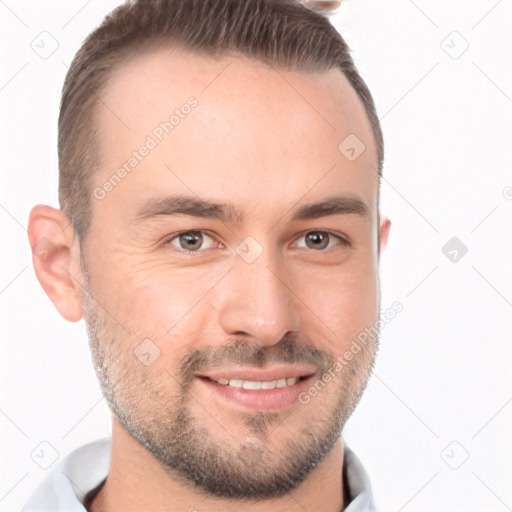 Joyful white young-adult male with short  brown hair and brown eyes