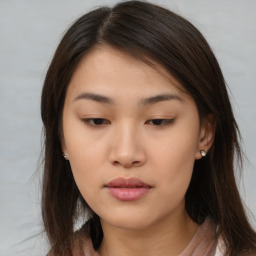 Neutral asian young-adult female with long  brown hair and brown eyes