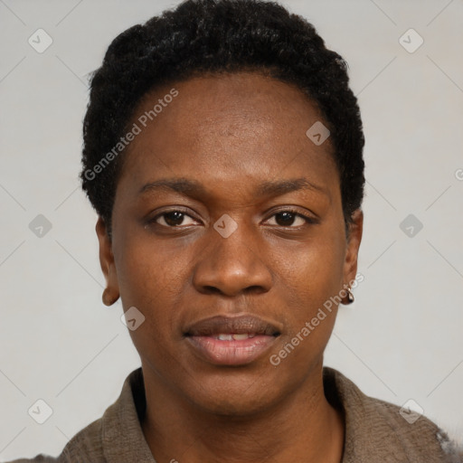 Neutral black young-adult female with short  black hair and brown eyes