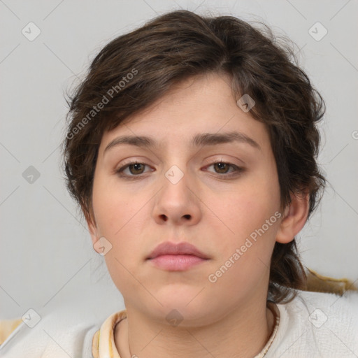 Neutral white young-adult female with medium  brown hair and brown eyes