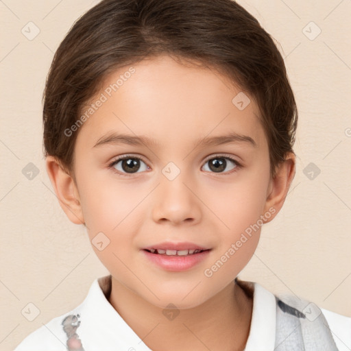 Joyful white child female with short  brown hair and brown eyes