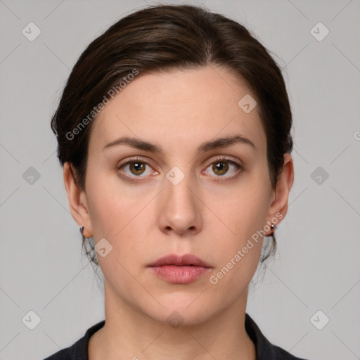 Neutral white young-adult female with medium  brown hair and brown eyes