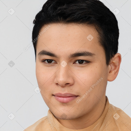 Joyful asian young-adult male with short  black hair and brown eyes