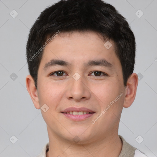 Joyful asian young-adult male with short  brown hair and brown eyes