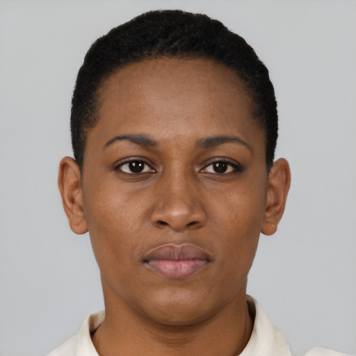 Neutral black young-adult female with short  black hair and brown eyes