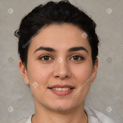 Joyful white young-adult female with short  brown hair and brown eyes