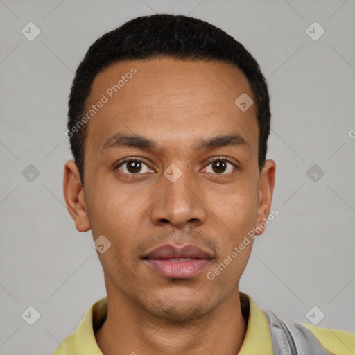 Neutral latino young-adult male with short  black hair and brown eyes