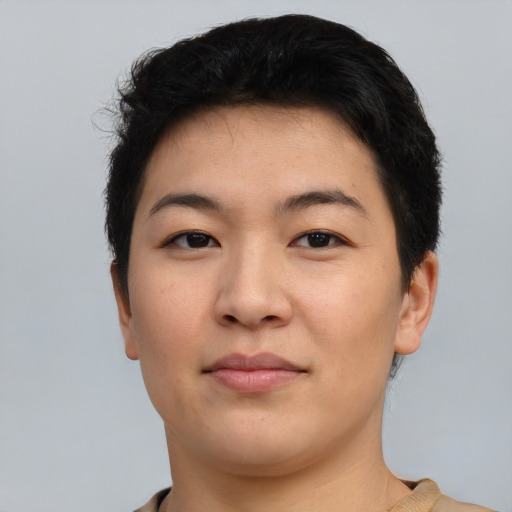 Neutral asian young-adult female with short  brown hair and brown eyes