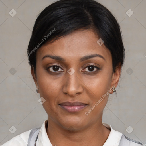 Joyful asian young-adult female with medium  black hair and brown eyes