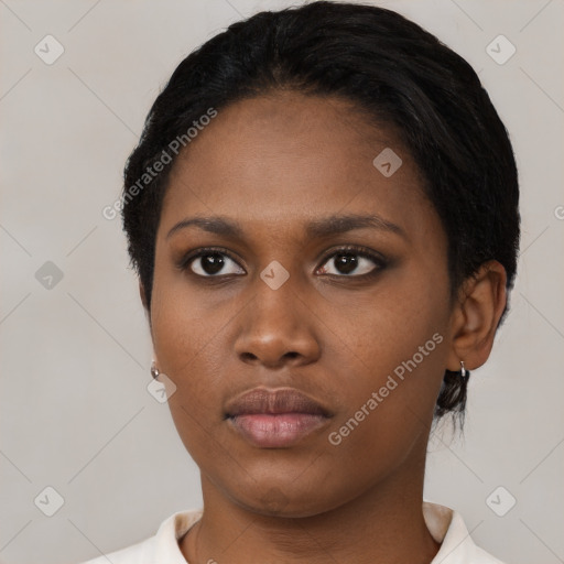 Neutral black young-adult female with short  black hair and brown eyes