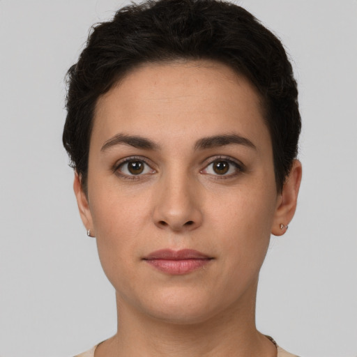Neutral white young-adult female with short  brown hair and brown eyes