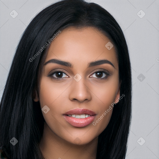 Joyful latino young-adult female with long  black hair and brown eyes