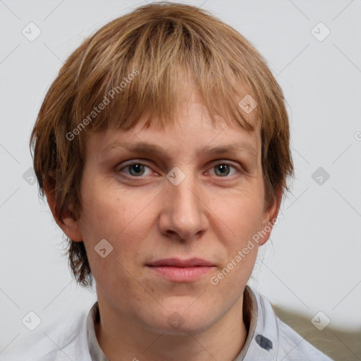 Joyful white adult female with medium  brown hair and grey eyes