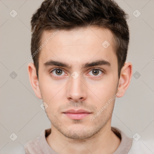 Neutral white young-adult male with short  brown hair and brown eyes