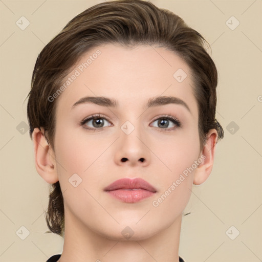 Neutral white young-adult female with medium  brown hair and brown eyes