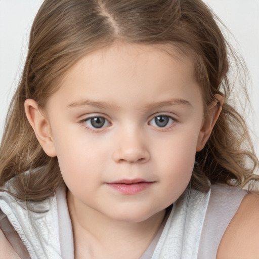 Neutral white child female with medium  brown hair and grey eyes