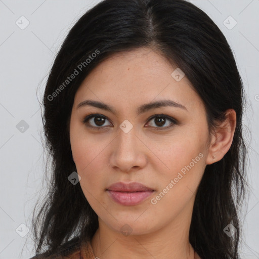 Joyful asian young-adult female with long  brown hair and brown eyes