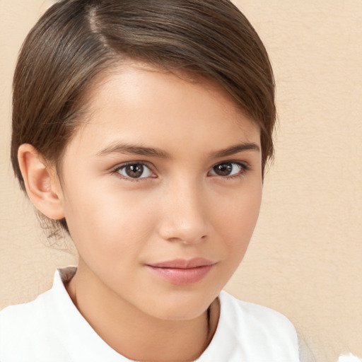 Joyful white child female with medium  brown hair and brown eyes