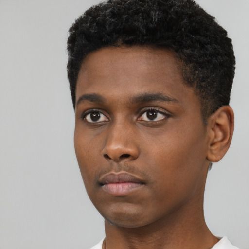 Neutral black young-adult male with short  black hair and brown eyes