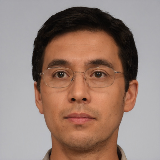 Neutral asian adult male with short  brown hair and brown eyes