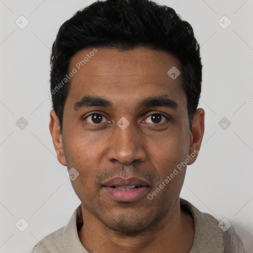 Neutral latino young-adult male with short  black hair and brown eyes