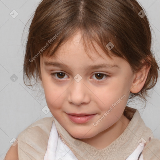 Joyful white child female with medium  brown hair and brown eyes