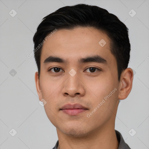 Neutral asian young-adult male with short  black hair and brown eyes