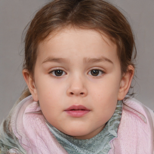 Neutral white child female with medium  brown hair and blue eyes