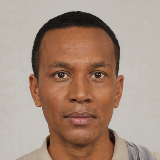 Neutral latino adult male with short  black hair and brown eyes