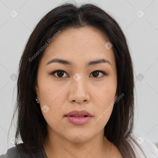 Neutral asian young-adult female with medium  brown hair and brown eyes