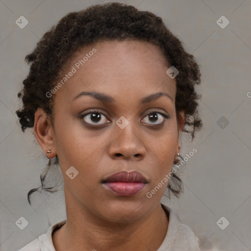 Neutral black young-adult female with short  brown hair and brown eyes