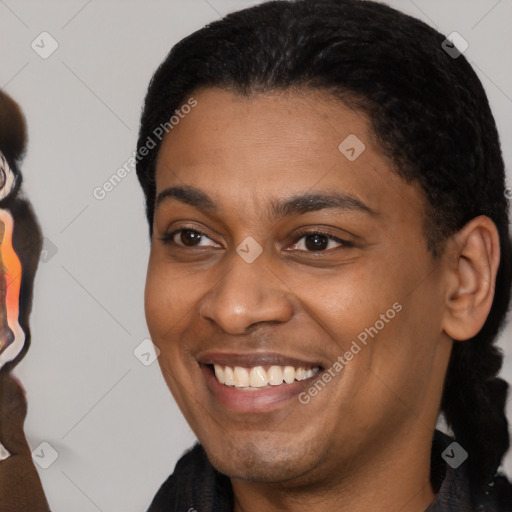 Joyful latino young-adult female with short  brown hair and brown eyes