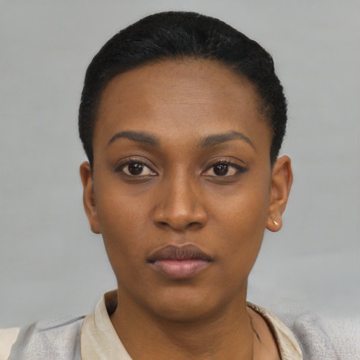 Neutral black young-adult female with short  black hair and brown eyes