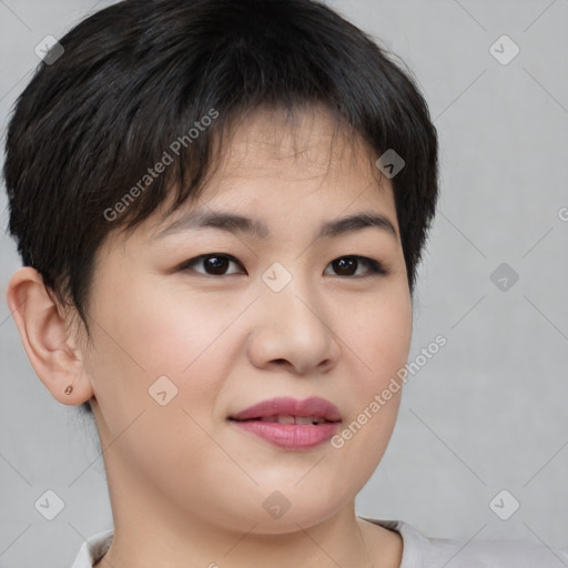 Joyful asian young-adult female with short  brown hair and brown eyes