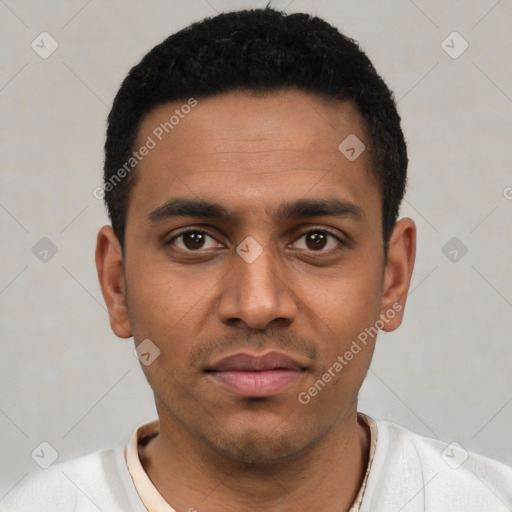 Neutral latino young-adult male with short  black hair and brown eyes