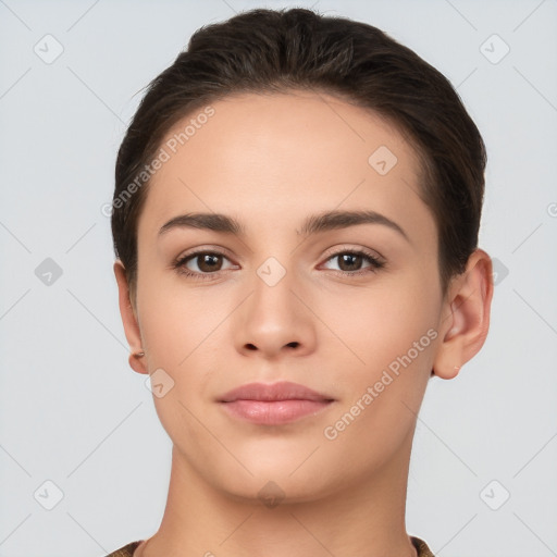 Neutral white young-adult female with short  brown hair and brown eyes