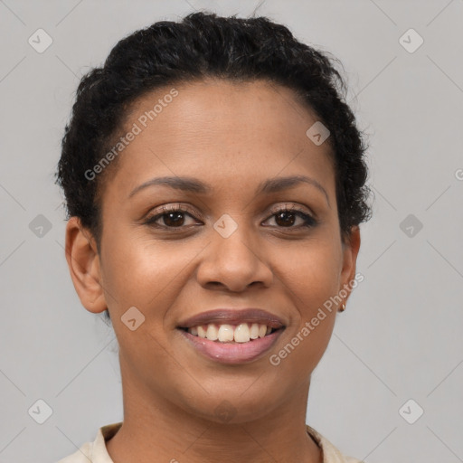 Joyful latino young-adult female with short  brown hair and brown eyes