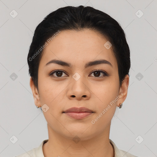 Neutral asian young-adult female with short  black hair and brown eyes