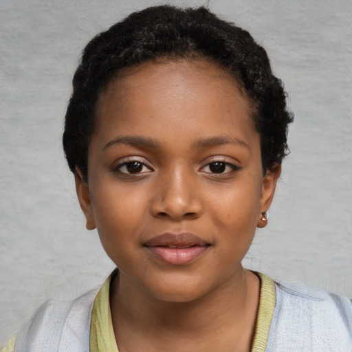 Neutral black young-adult female with short  black hair and brown eyes