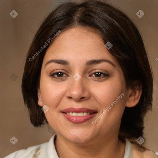 Joyful white adult female with medium  brown hair and brown eyes