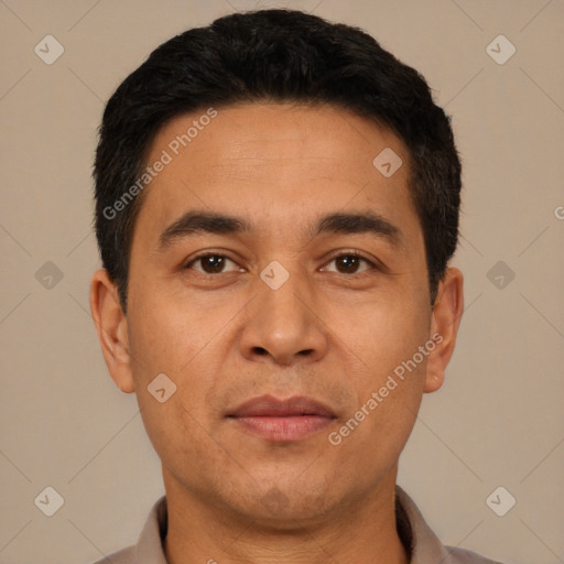 Joyful white young-adult male with short  black hair and brown eyes