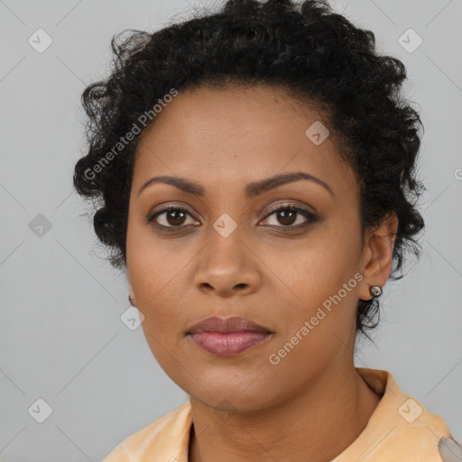 Neutral black young-adult female with short  black hair and brown eyes