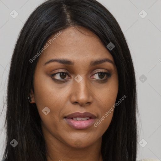 Joyful asian young-adult female with long  brown hair and brown eyes