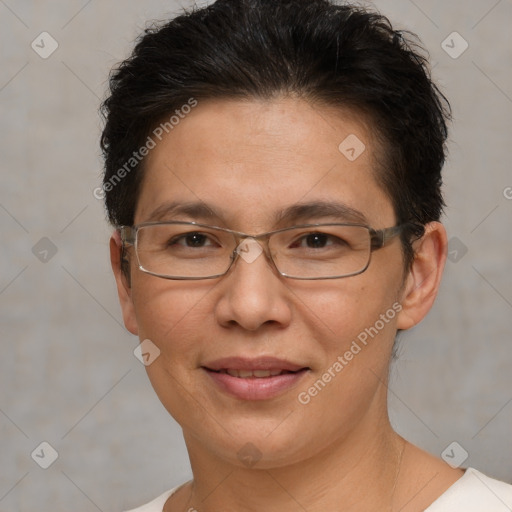 Joyful white adult female with short  brown hair and brown eyes