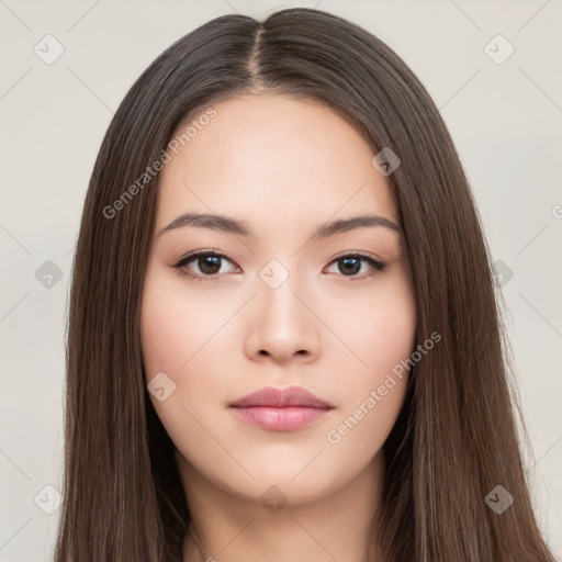 Neutral white young-adult female with long  brown hair and brown eyes