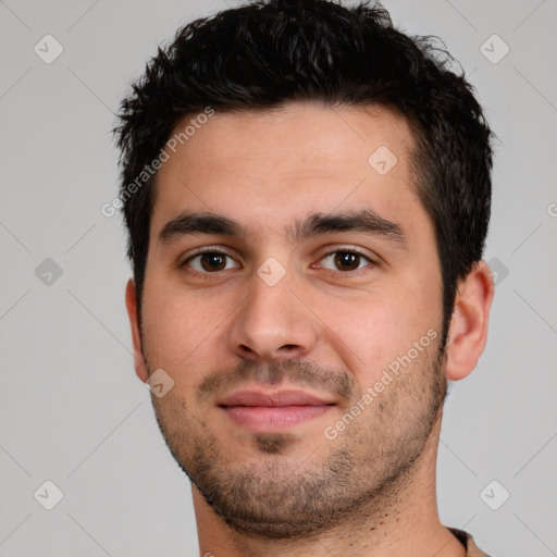 Neutral white young-adult male with short  black hair and brown eyes