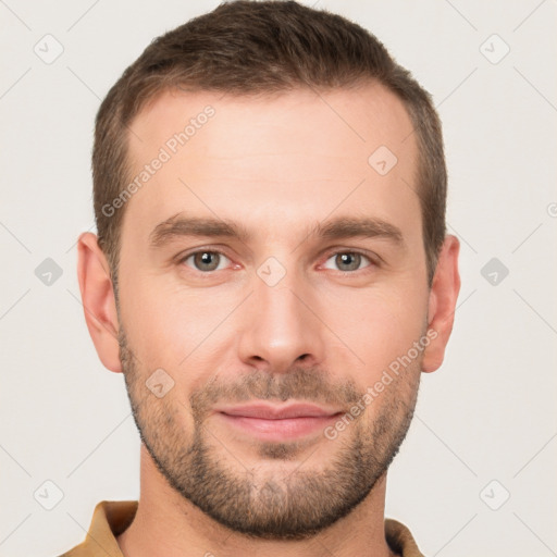 Joyful white young-adult male with short  brown hair and brown eyes