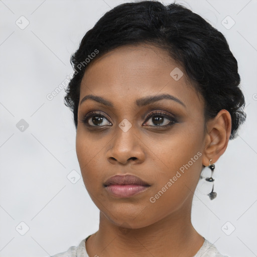 Neutral black young-adult female with short  black hair and brown eyes