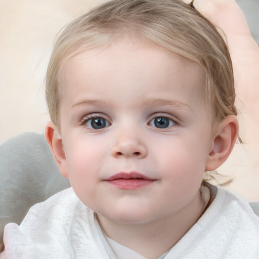 Joyful white child female with medium  brown hair and blue eyes