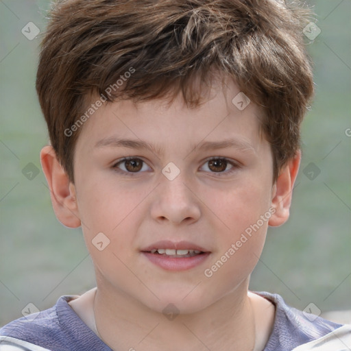 Joyful white child male with short  brown hair and brown eyes